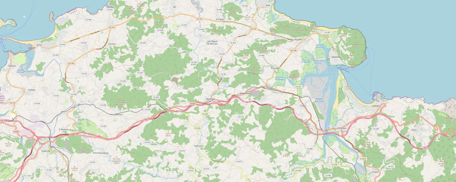 Mapa de la costa oriental de Cantabria con la ubicación del Ático Akiver en Beranga y del Dúplex Iveka en Treto